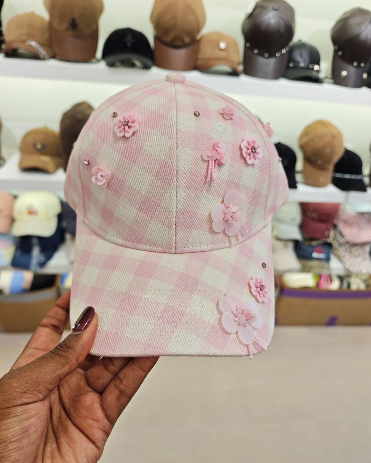 Pink Checked Hat With Floral Detail