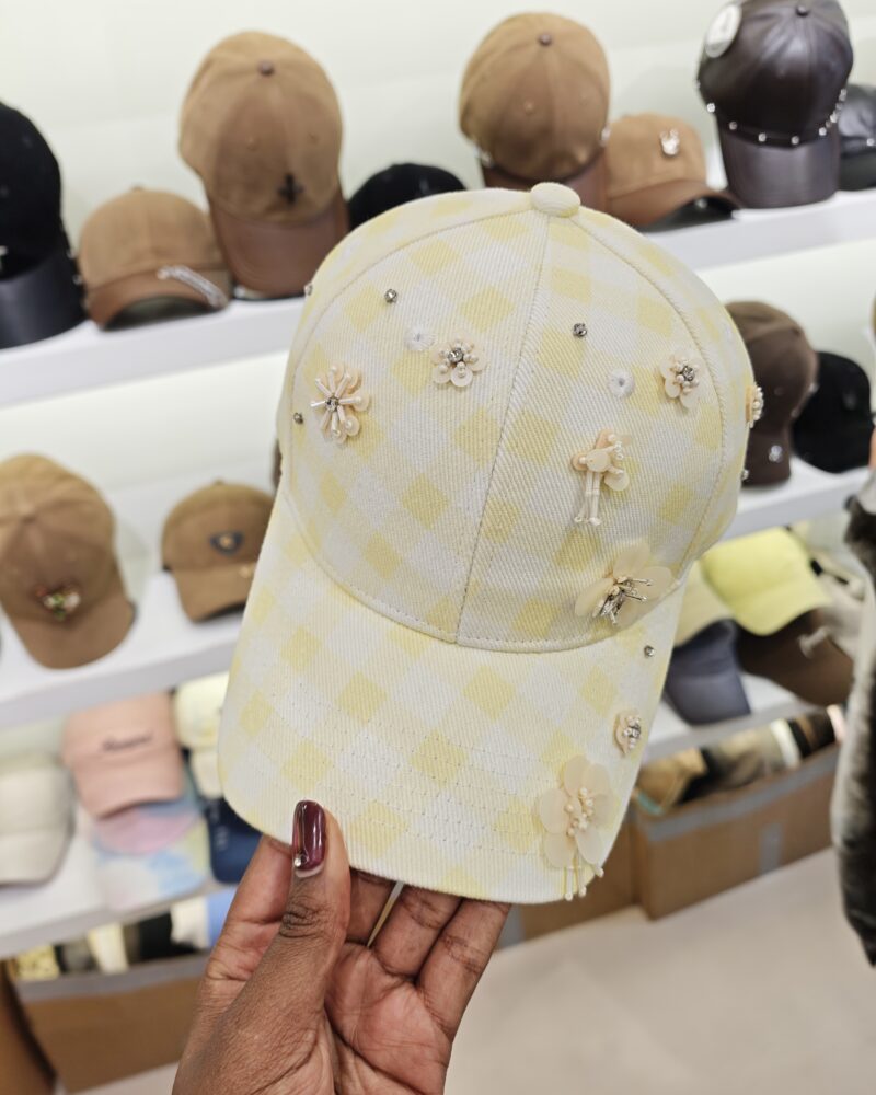Yellow Checked Hat With Floral Detail